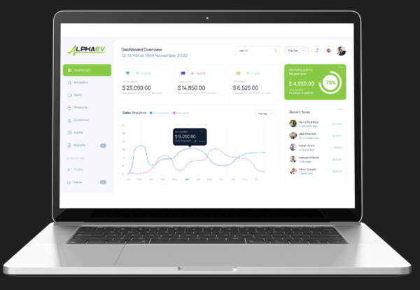 Alpha EV charging management dashboard displayed on a laptop