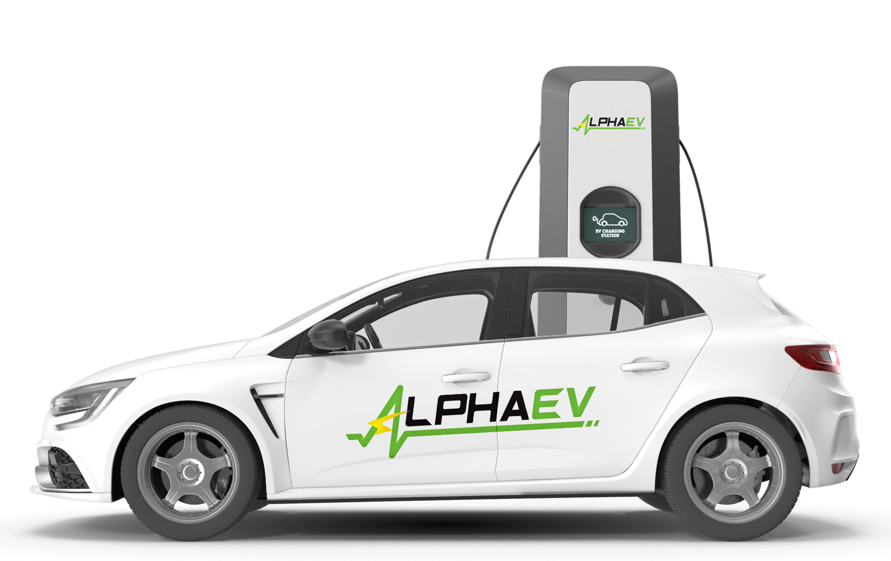 White electric car charging with an Alpha EV station